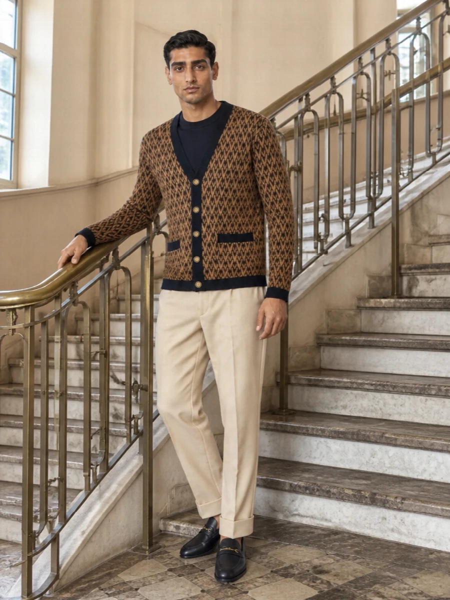 Valentino mens navy cardigan beige trousers outfit