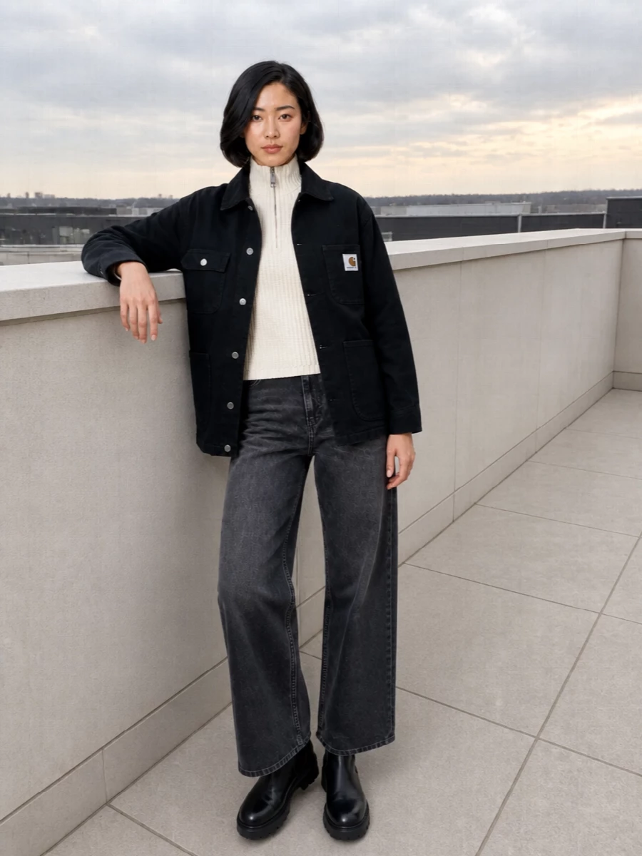 Carhartt chore jacket wide leg jeans outfit