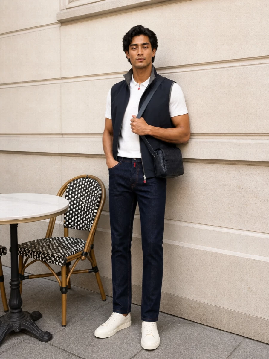 Kiton navy gilet dark jeans white polo outfit