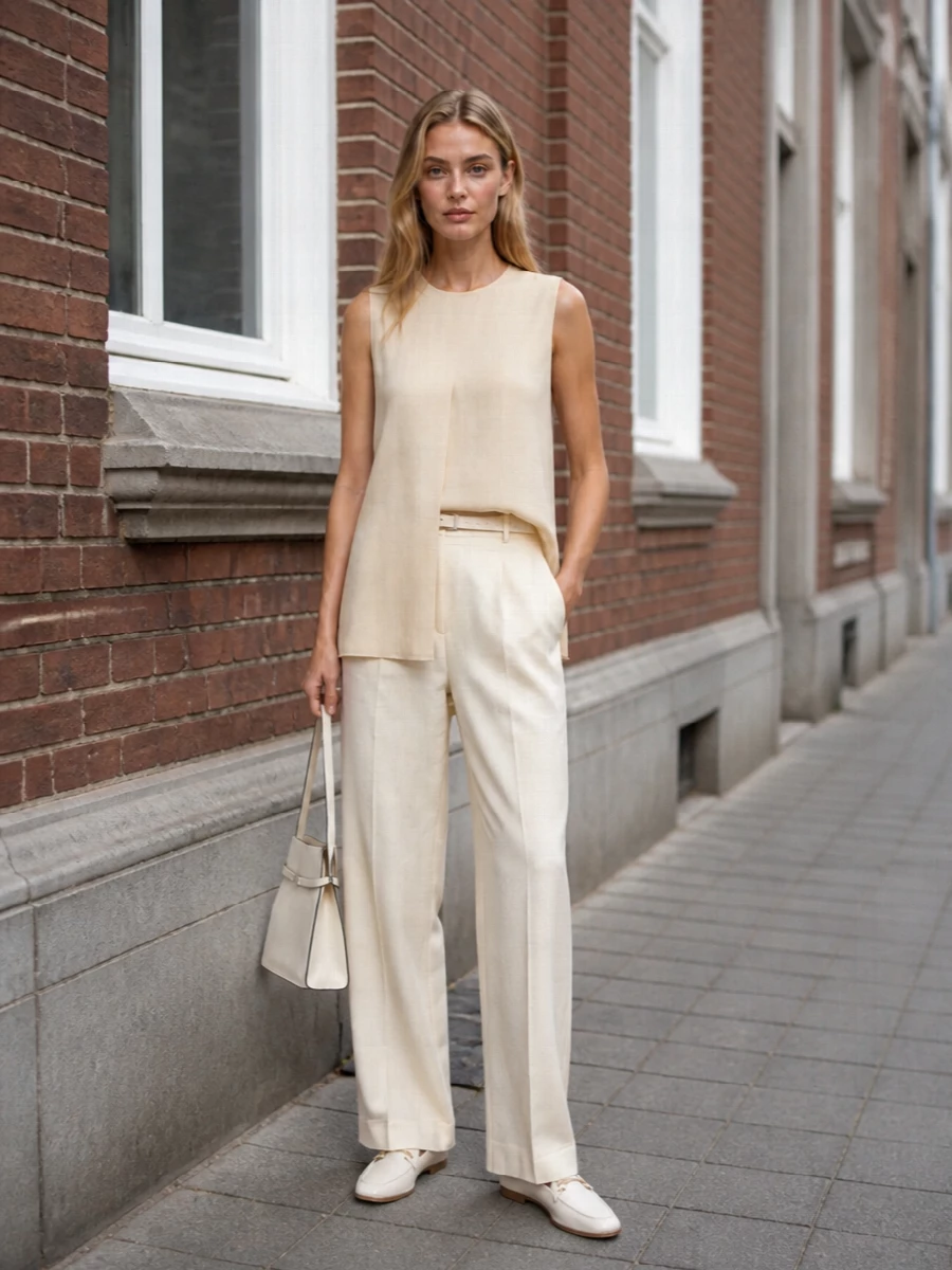 Toteme beige shell wide leg trousers tods loafers