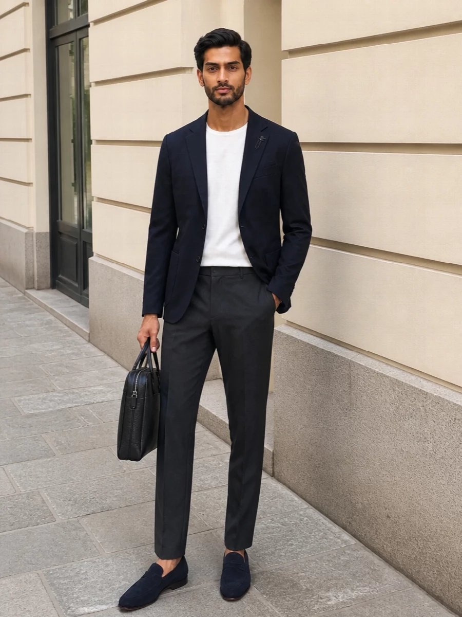 Deep navy tailoring meets charcoal wool and suede loafers for a quietly assured workday uniform. The soft-shouldered blazer and slim briefcase keep the silhouette sharp yet relaxed, ideal from desk to late dinner. It is a clean, logo-free way to dress with intent in the city heat.