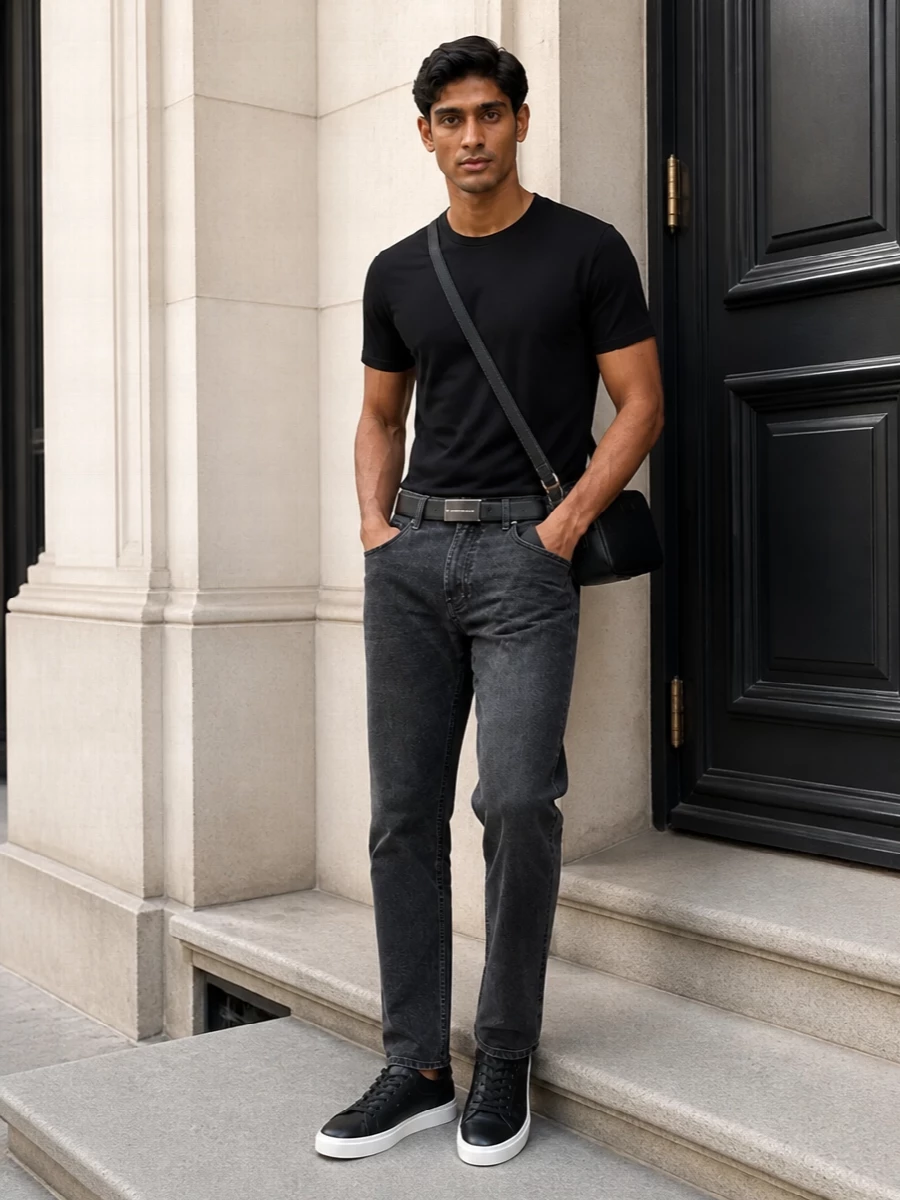 Emporio armani black tee charcoal trousers outfit