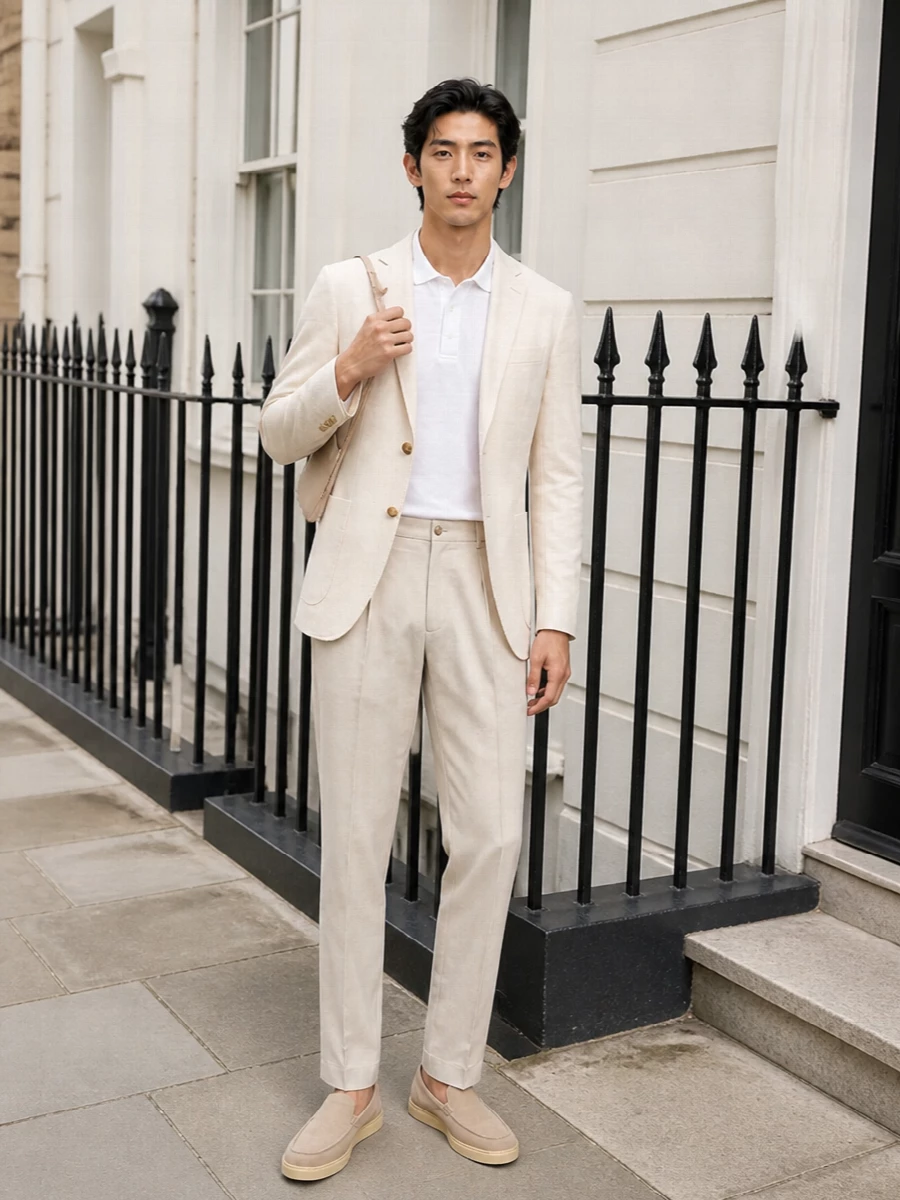 Tagliatore cream blazer beige trousers outfit