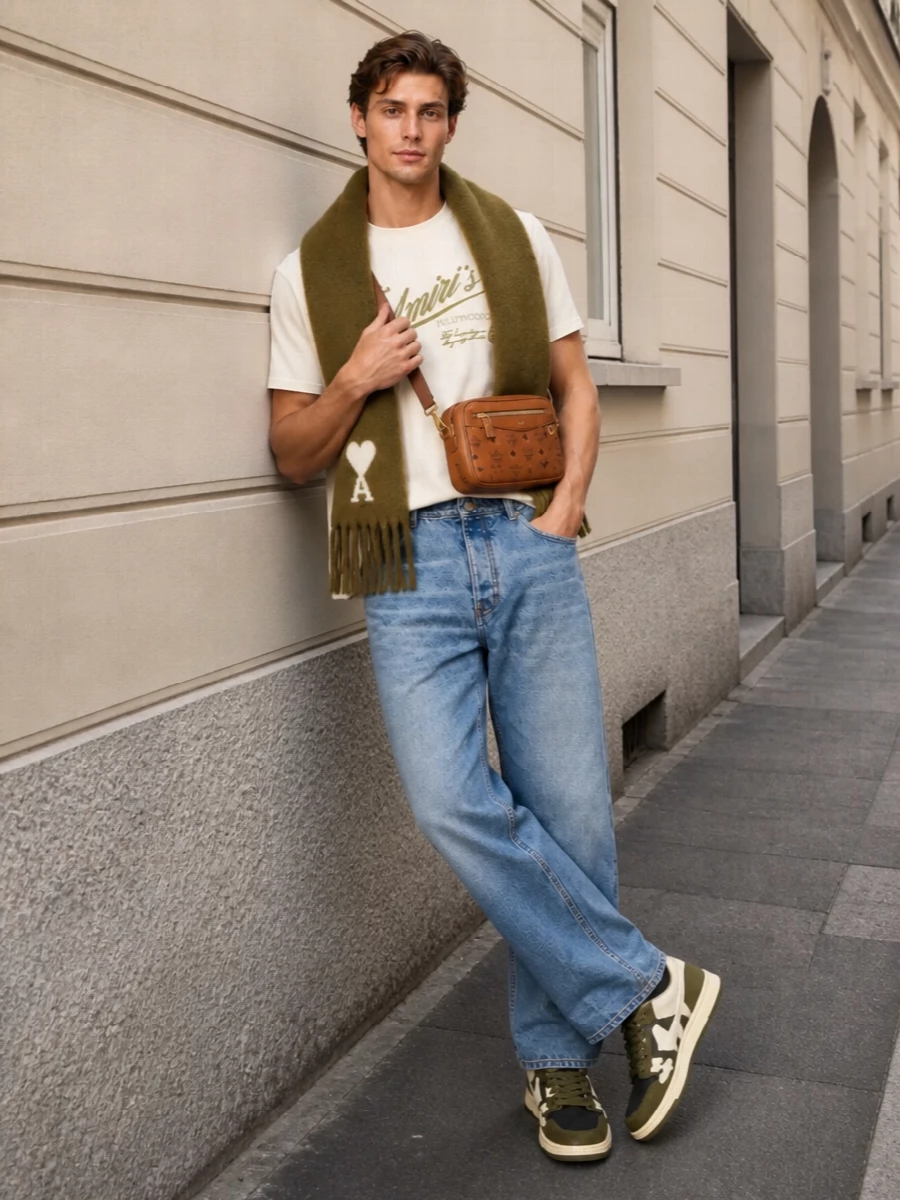 Amiri cream logo tee ami jeans outfit