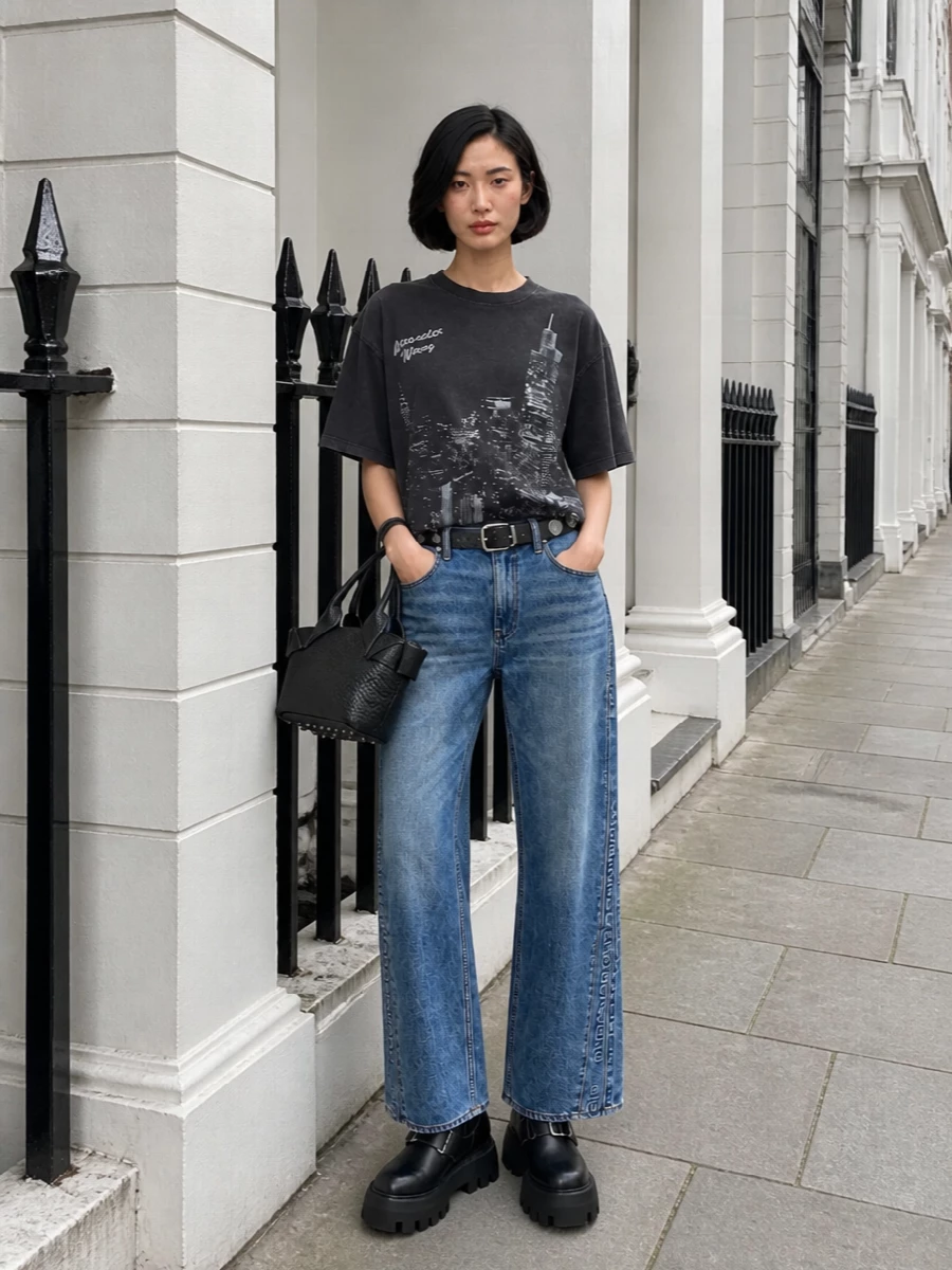 Alexander Wang’s wide-leg jeans are paired with a washed charcoal graphic tee for a quietly grunge, city-at-night mood. Chunky black platform boots keep the proportions grounded and practical, while a structured mini tote and slim studded belt sharpen the silhouette with just enough hardware to read intentional rather than loud.