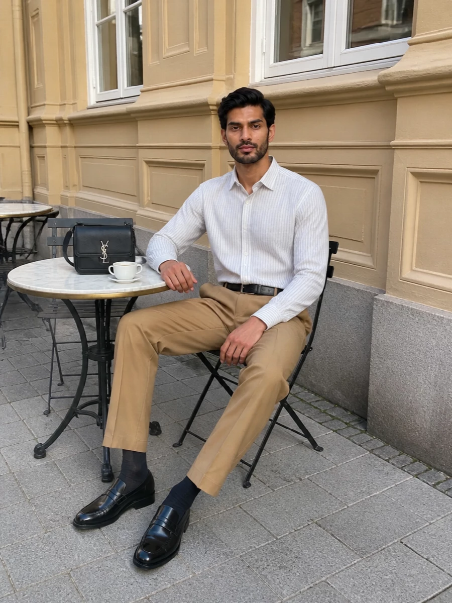 Saint laurent striped shirt camel trousers outfit