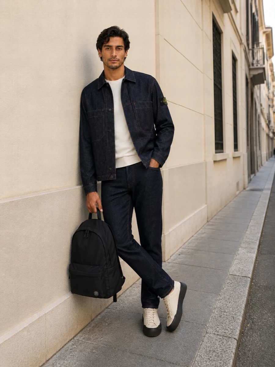 Stone island denim jacket dark jeans outfit