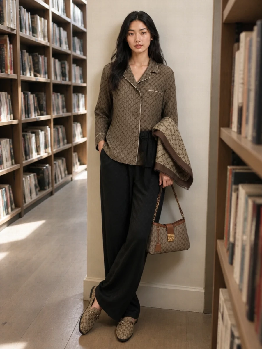 Gucci gg pajama shirt wide leg trousers mules