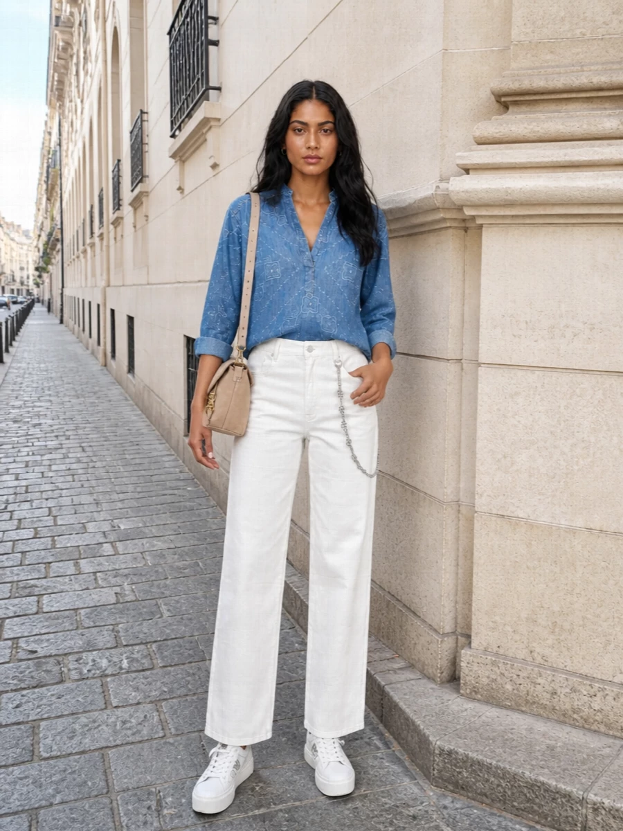 Pinko denim shirt white wide leg jeans outfit