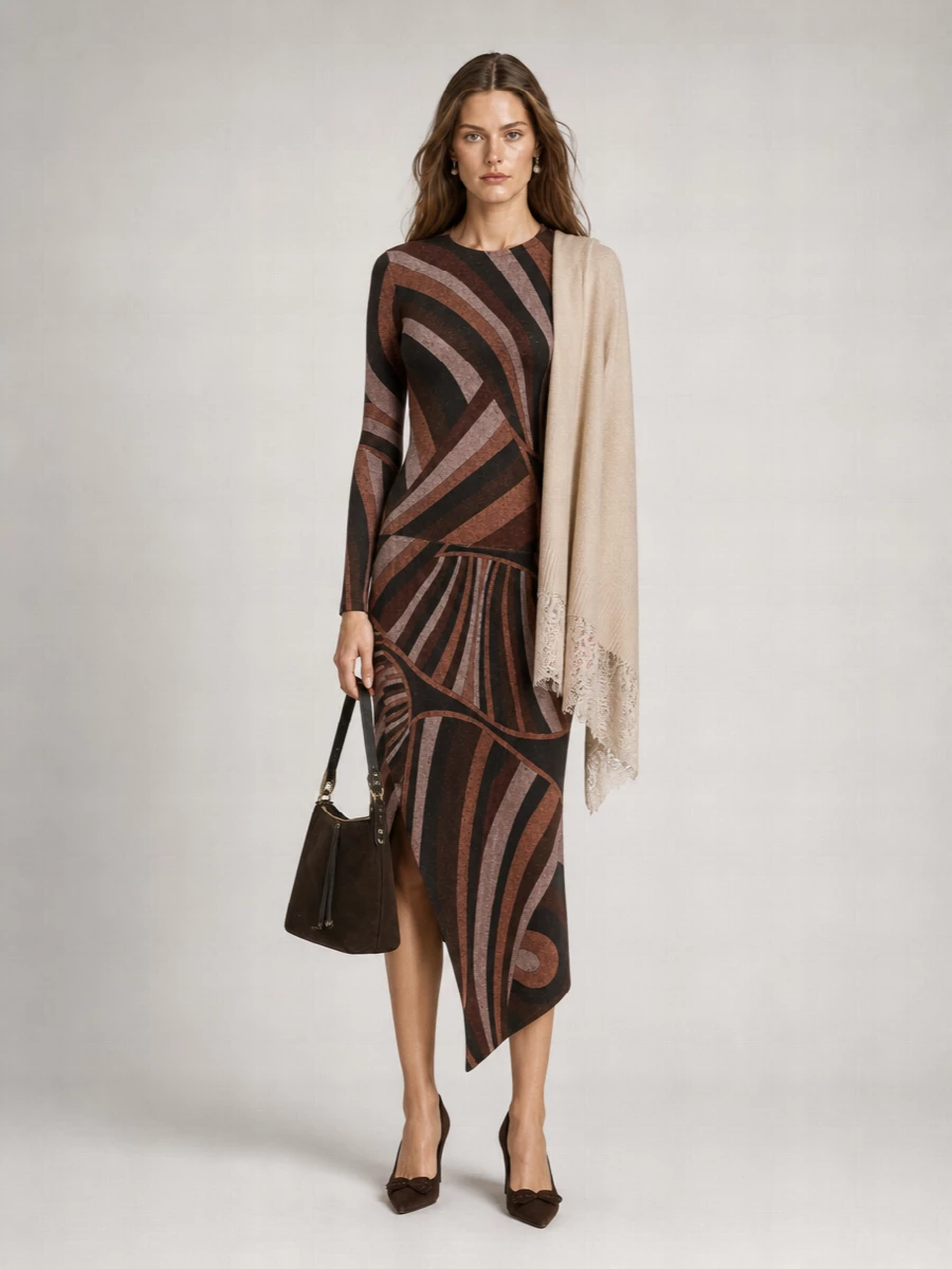 Pucci Printed Lurex Jersey Long-Sleeve Asymmetric Midi Dress
