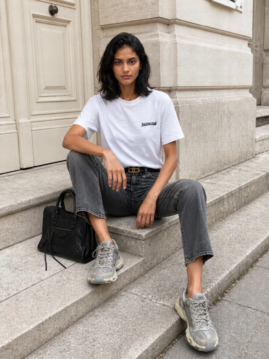 Balenciaga grey jeans white tee sneakers outfit