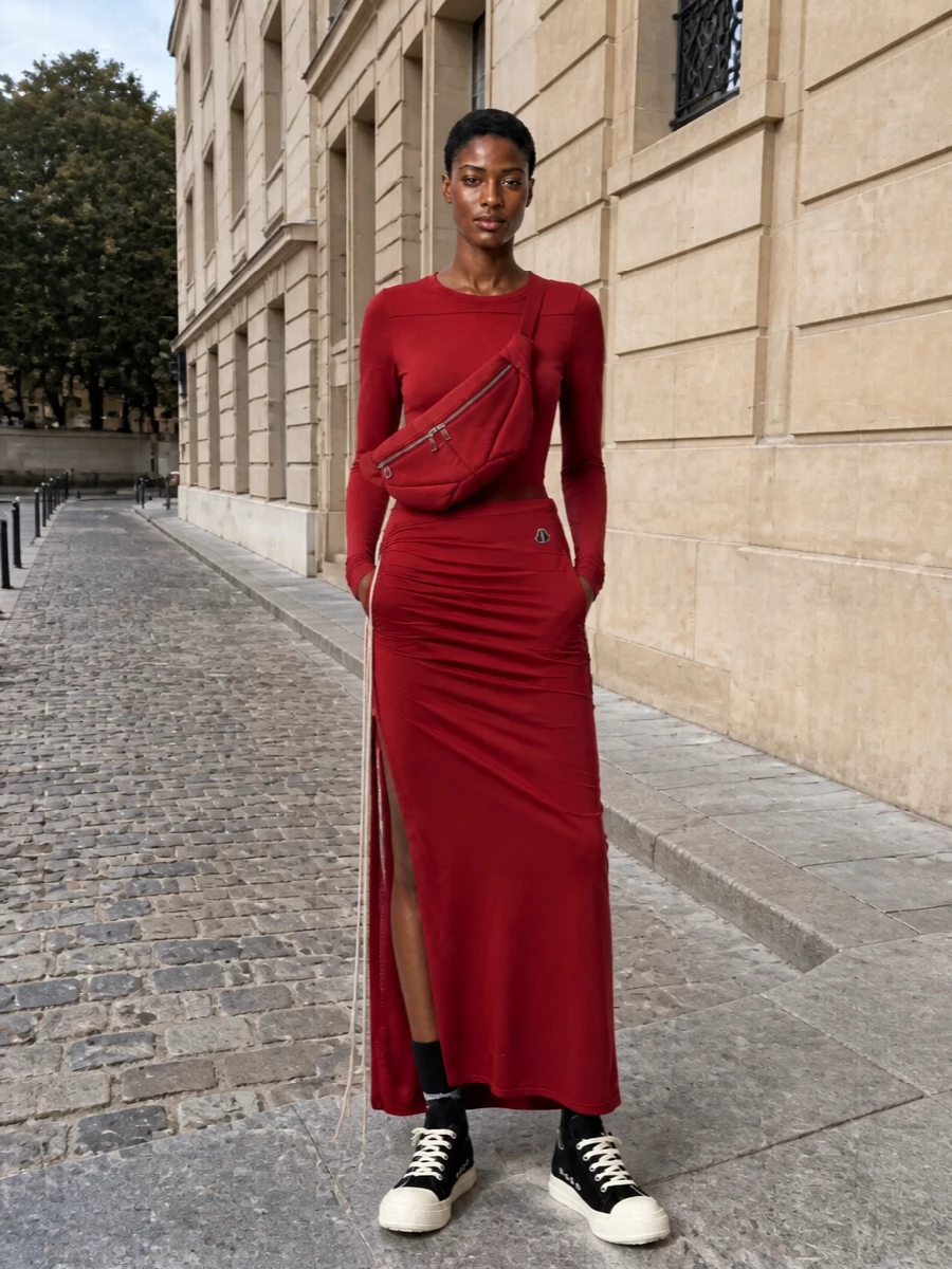 Rick owens red column skirt black sneakers