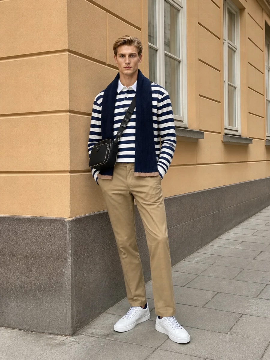 Burberry rugby camel trousers white sneakers