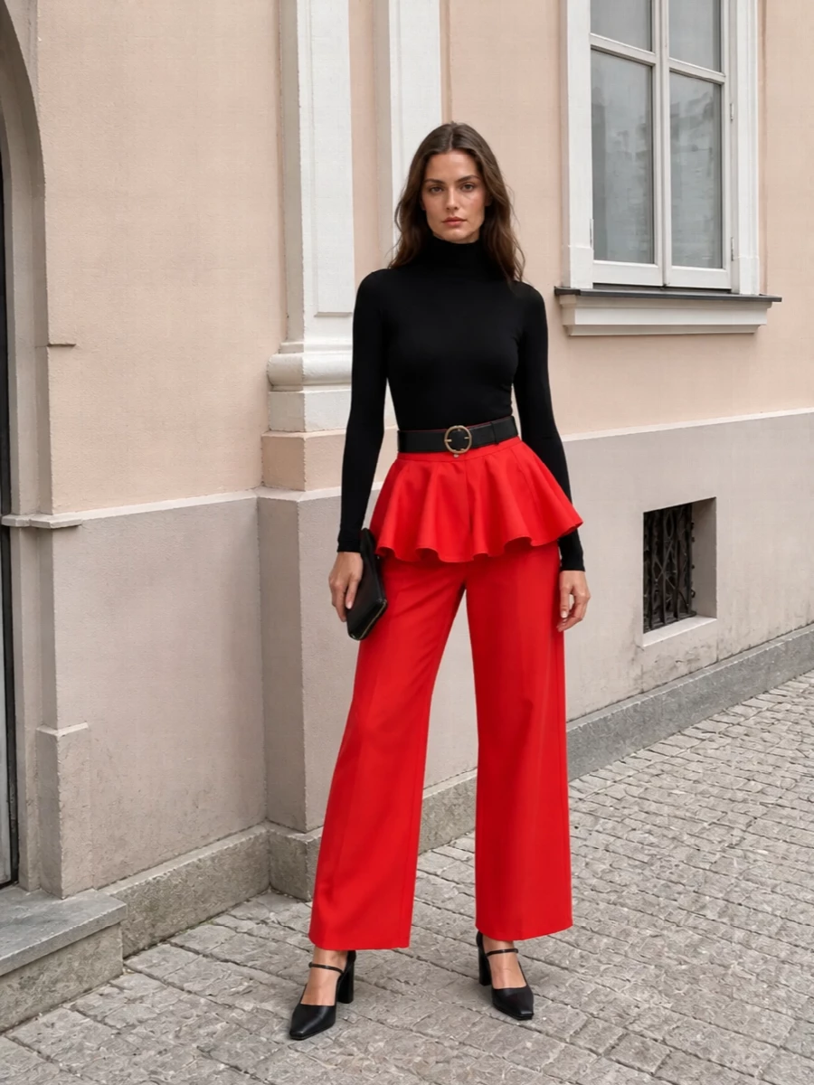 Alaia red peplum trousers black turtleneck outfit
