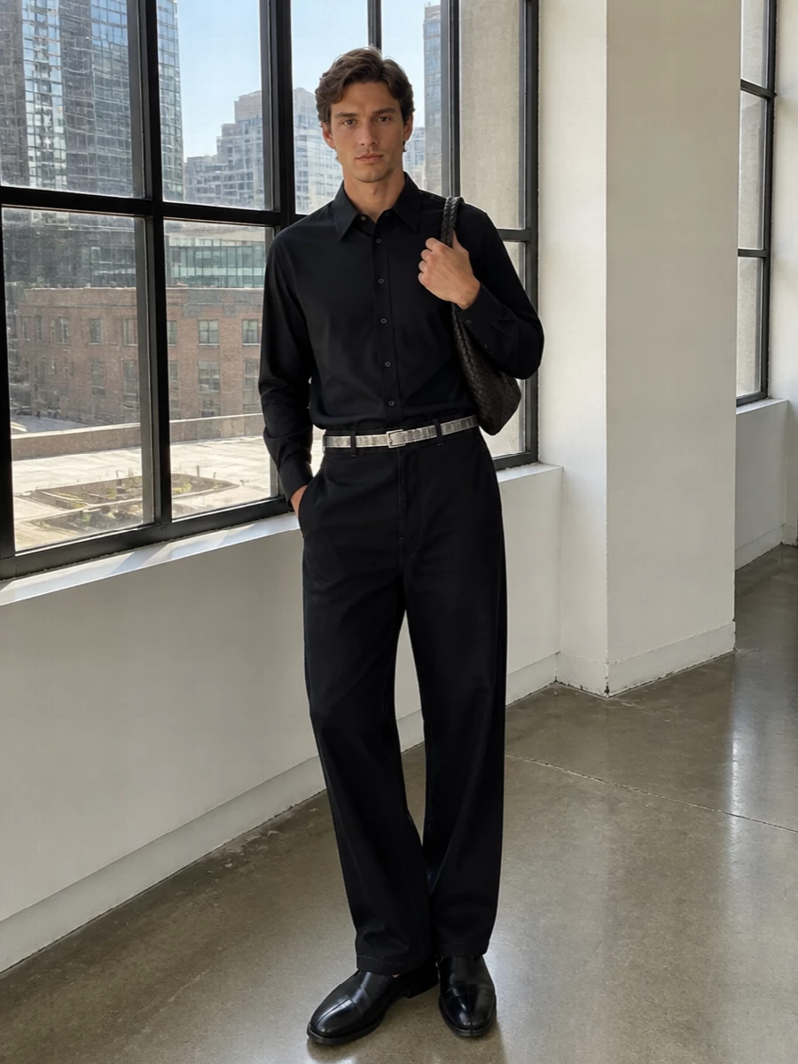 Lemaire black shirt wide leg trouser outfit