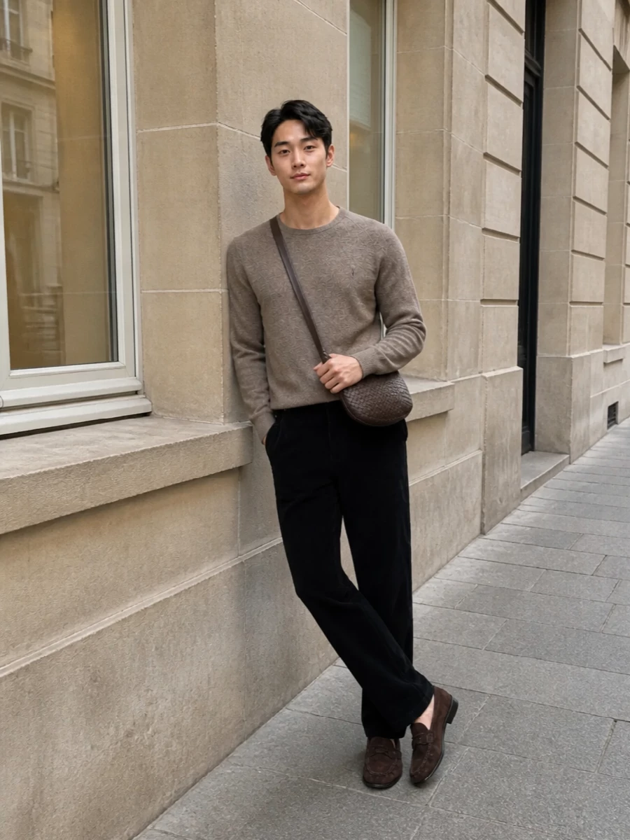 Bottega veneta taupe knit black corduroy outfit