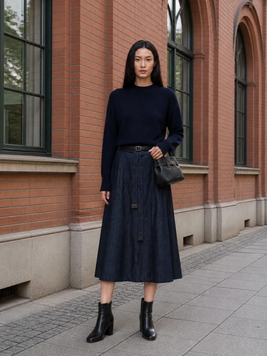 Max mara denim skirt navy knit black boots