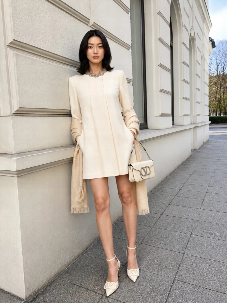 Valentino cream mini dress matching heels clutch