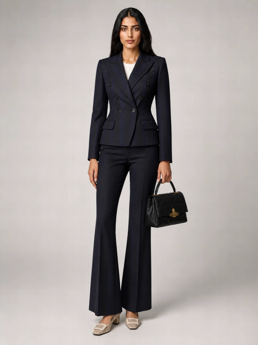 Vivienne Westwood tailoring is the focus here, with a sharply nipped navy blazer paired to matching pinstriped flares for a long, confident line. Taupe Roger Vivier pumps keep the palette soft but polished, while a structured black top-handle bag adds just enough attitude for client dinners or gallery nights. It is precise, feminine power dressing with a subtle, subversive edge.