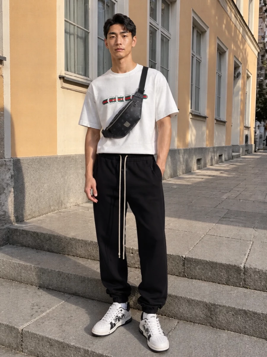 Gucci’s webbed logo tee stays the hero, grounded by Fear Of God’s black track pant for a clean, relaxed street uniform. Amiri court sneakers keep the palette tight in white and black, while the MCM belt bag adds just enough hardware and attitude without shouting over the branding. It is an off-duty city combination that reads considered but easy from coffee runs to late-night studio sessions.