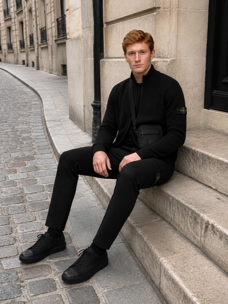Stone island black cargo knit jacket outfit
