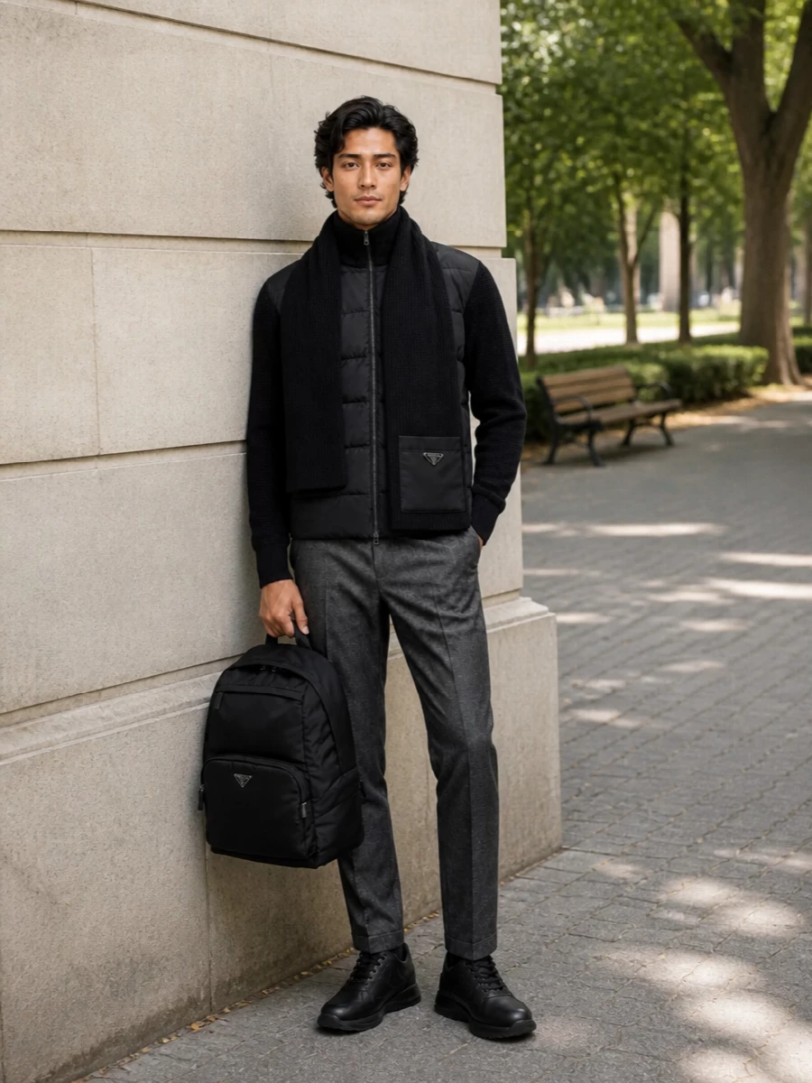 Herno hybrid jacket moncler trousers prada bag