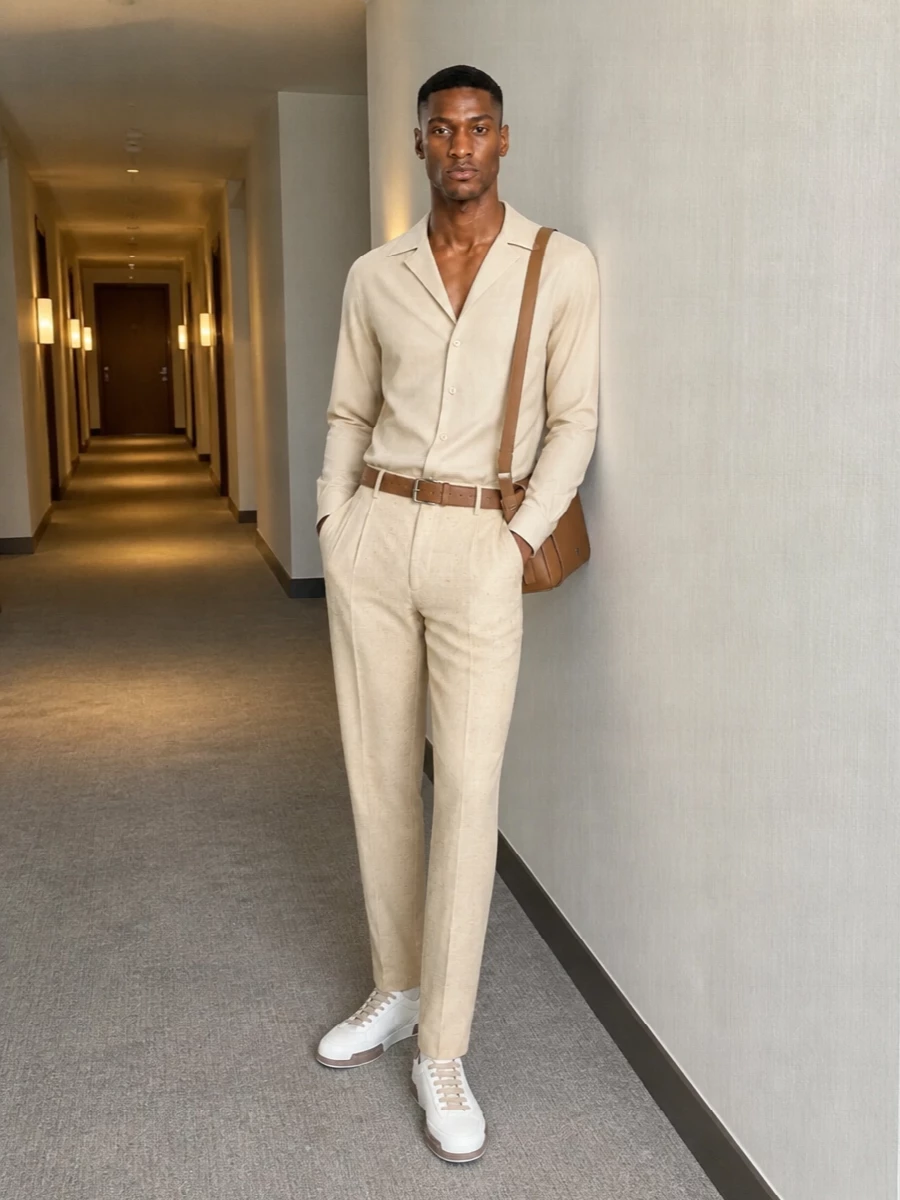 Dolce gabbana beige trouser sand shirt outfit