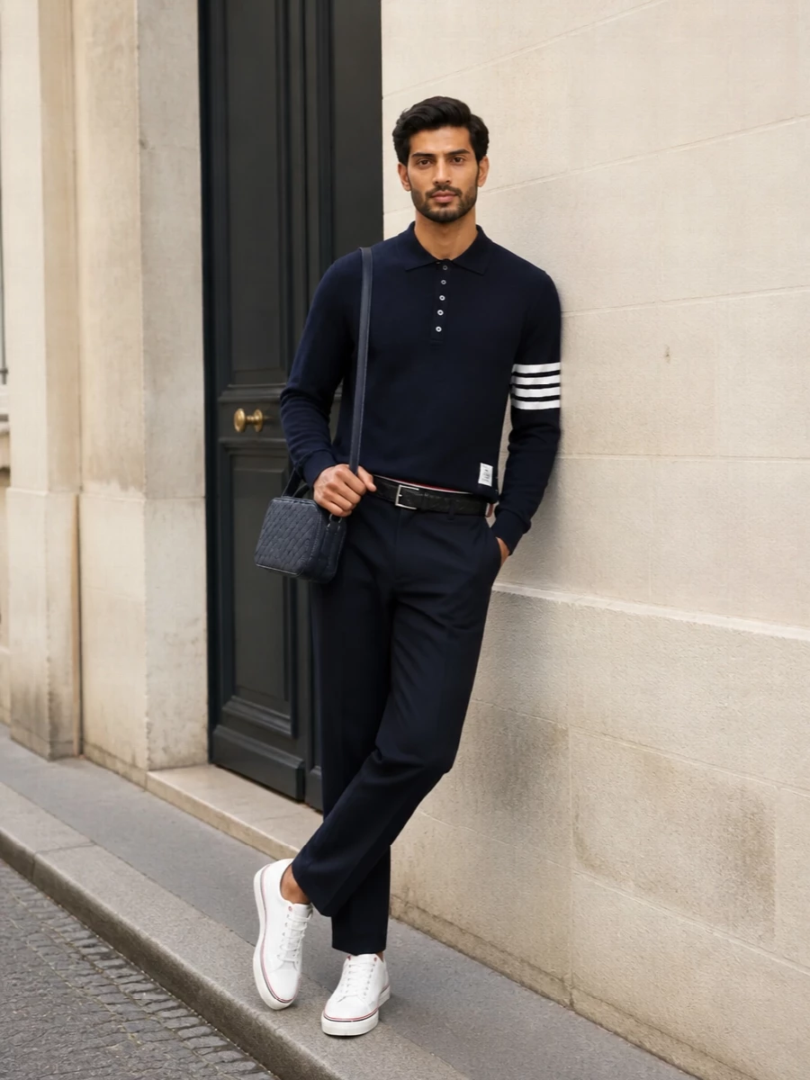 Thom browne navy polo trousers outfit