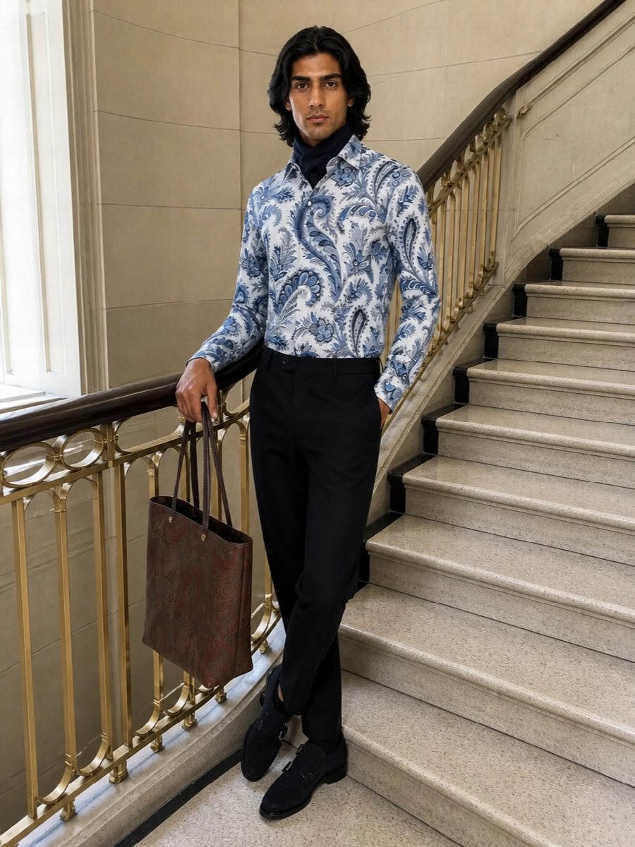 Etro paisley shirt navy trousers monk shoes