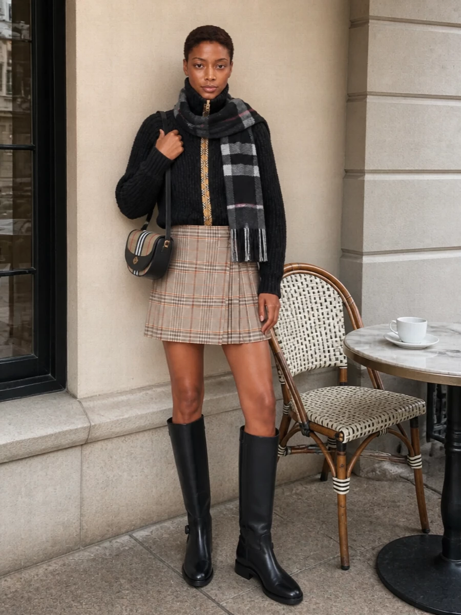 Charcoal rib and soft camel check meet in a very British mix of texture and line, with the kilted mini sharpening the cocooning funnel neck. Sleek black riding boots and a structured heritage-check shoulder bag keep the mood collegiate yet grown up, ideal for city days when you want polish with ease. A charcoal check scarf finishes the story, echoing the knit’s depth while keeping everything firmly in the quiet side of heritage.