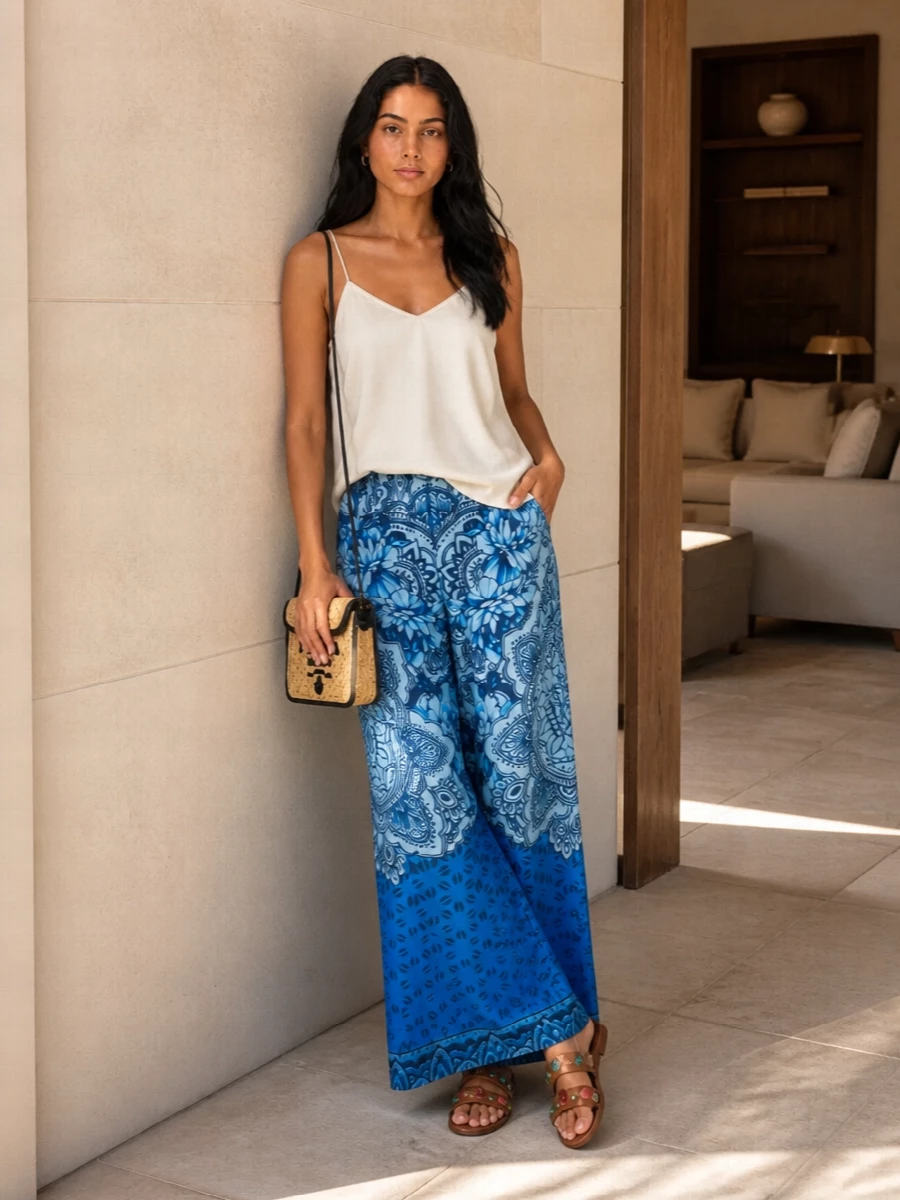 I am building around separates rather than a dress so the sandals can sit in a relaxed, day-to-night context with volume and movement. The fluid ivory camisole and cobalt floral wide-leg trouser create a soft, boho-leaning column that lets the jeweled slides be playful without feeling loud. A raffia-structured shoulder bag ties in the natural textures, keeping the whole ensemble polished yet easy for warm summer days and terrace dinners.
