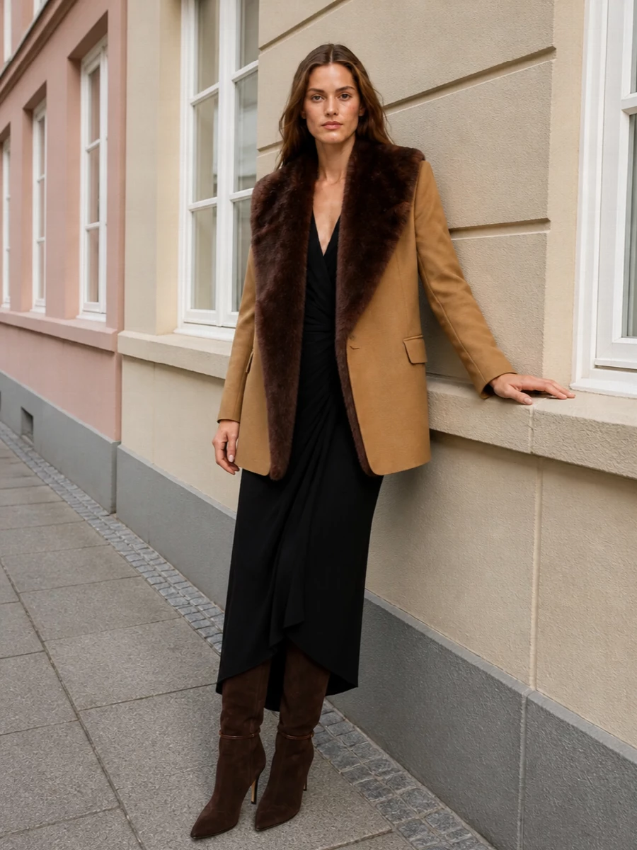 Valentino camel coat black evening maxi boots