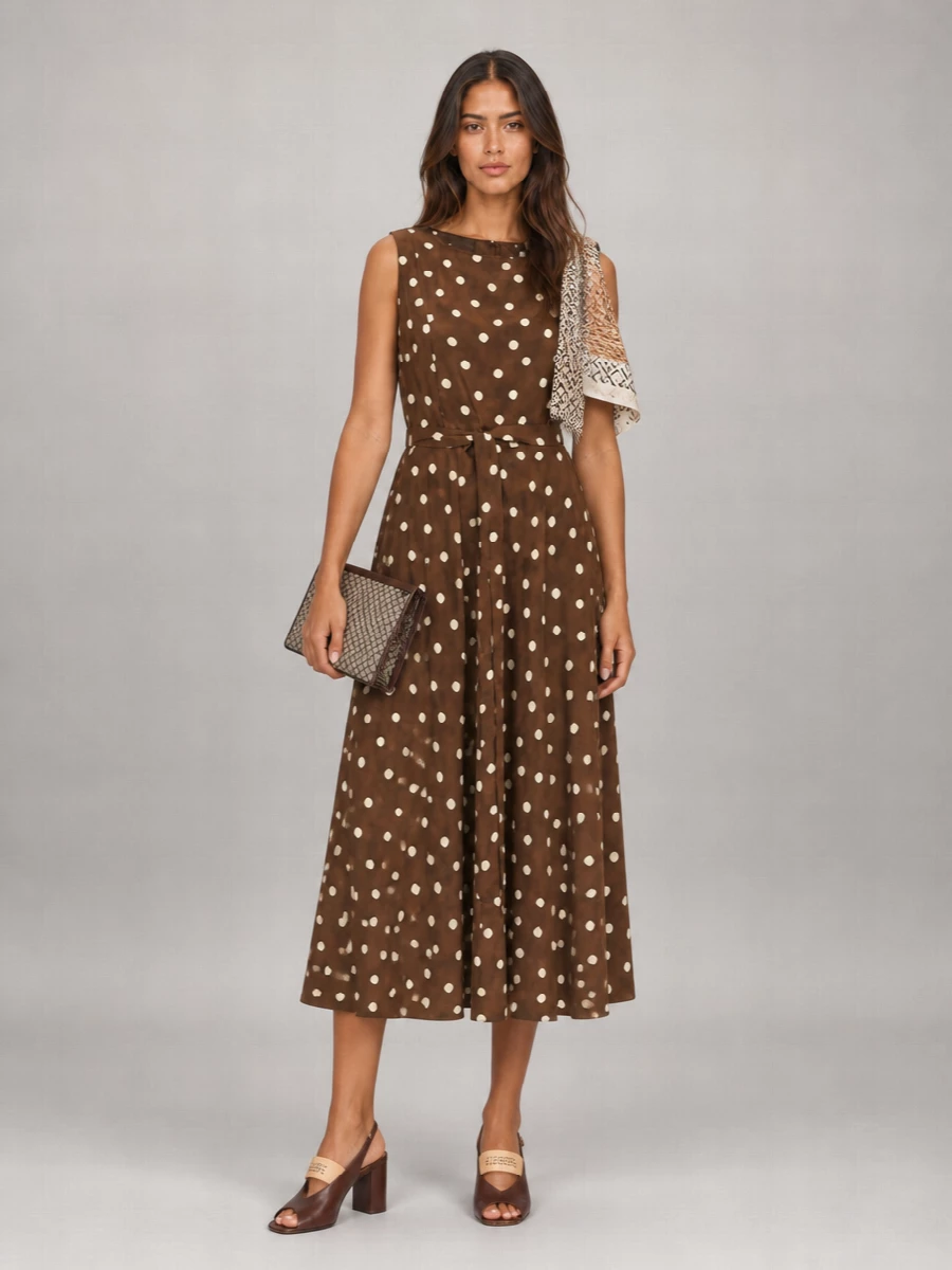 S Max Mara Silk Polka-Dot Sleeveless Belted Midi Dress