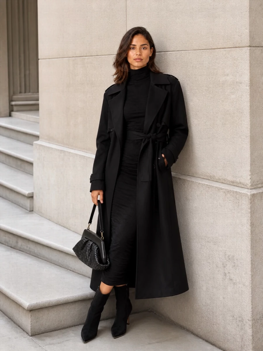 I chose the dress path so the trench can frame a single, uninterrupted black column rather than competing layers of tailoring. The turtleneck midi dress, pointed ankle boots and sculpted shoulder bag create a quietly dramatic city evening ensemble that feels precise, modern and fully coherent in palette and proportion. Every element is black, but shifts in texture keep it rich, not flat.
