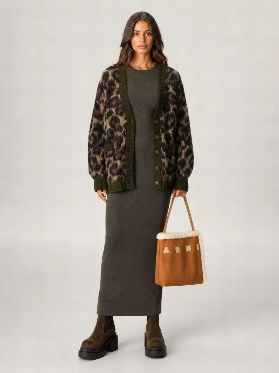 R13 Mohair Wool Animal-Print V-Neck Cardigan