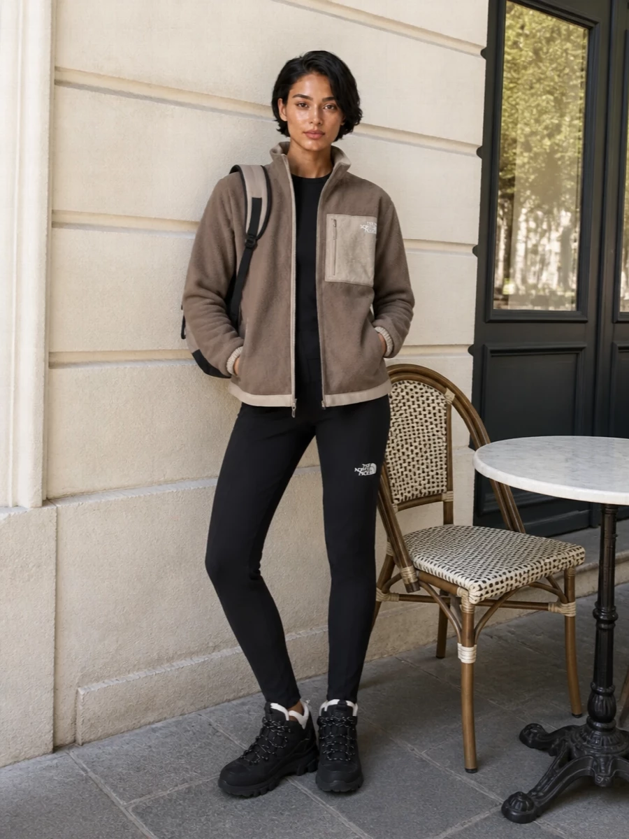 North face fleece jacket black leggings outfit