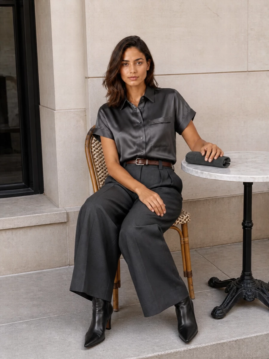 Brunello cucinelli charcoal satin shirt wide leg trouser