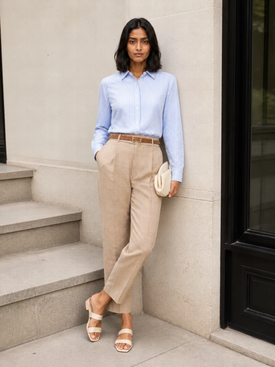 Tagliatore camel trousers striped shirt outfit