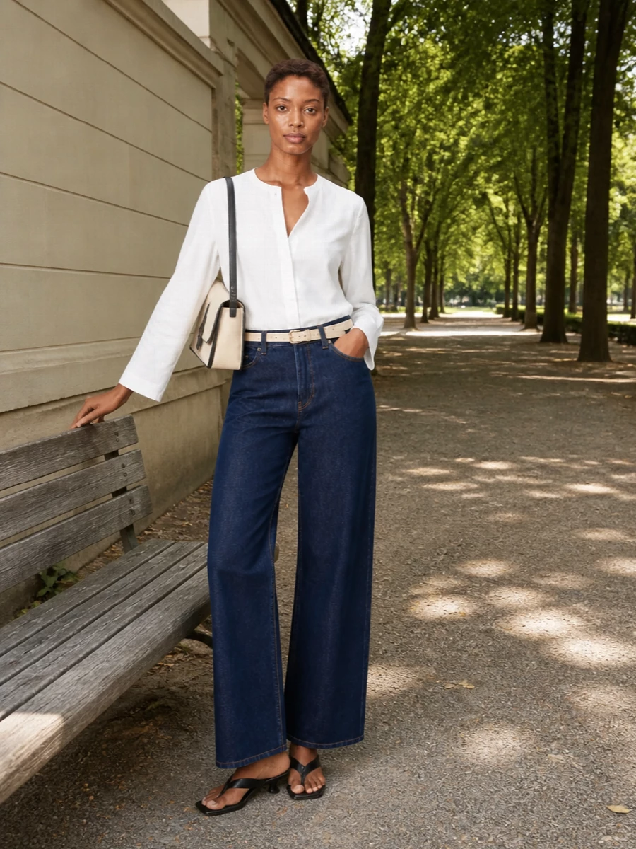 Toteme wide leg jeans white shirt black mules