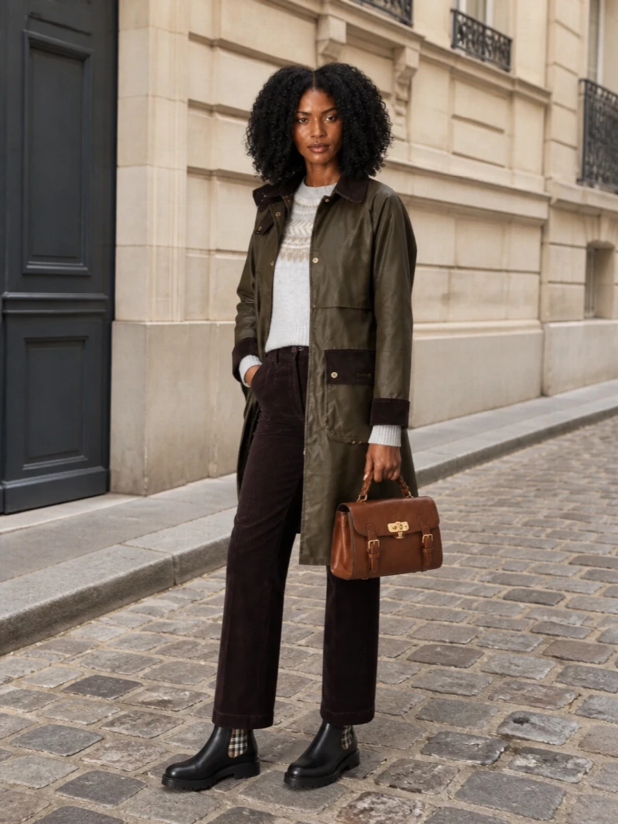 I am keeping this grounded in the coat’s original story: countryside weekends, rain, and rich earthy tones, so I chose knit plus trouser rather than a dress to preserve that easy utility. The soft Fair Isle sweater lifts the olive and brown with light, brushed texture, while straight chocolate cords, lug-sole Chelseas and a cognac satchel keep the proportions long, practical and subtly collegiate. The result is a British heritage outfit that moves effortlessly from muddy paths to a pub fire without feeling over-styled or too formal for the waxed Barbour shell.