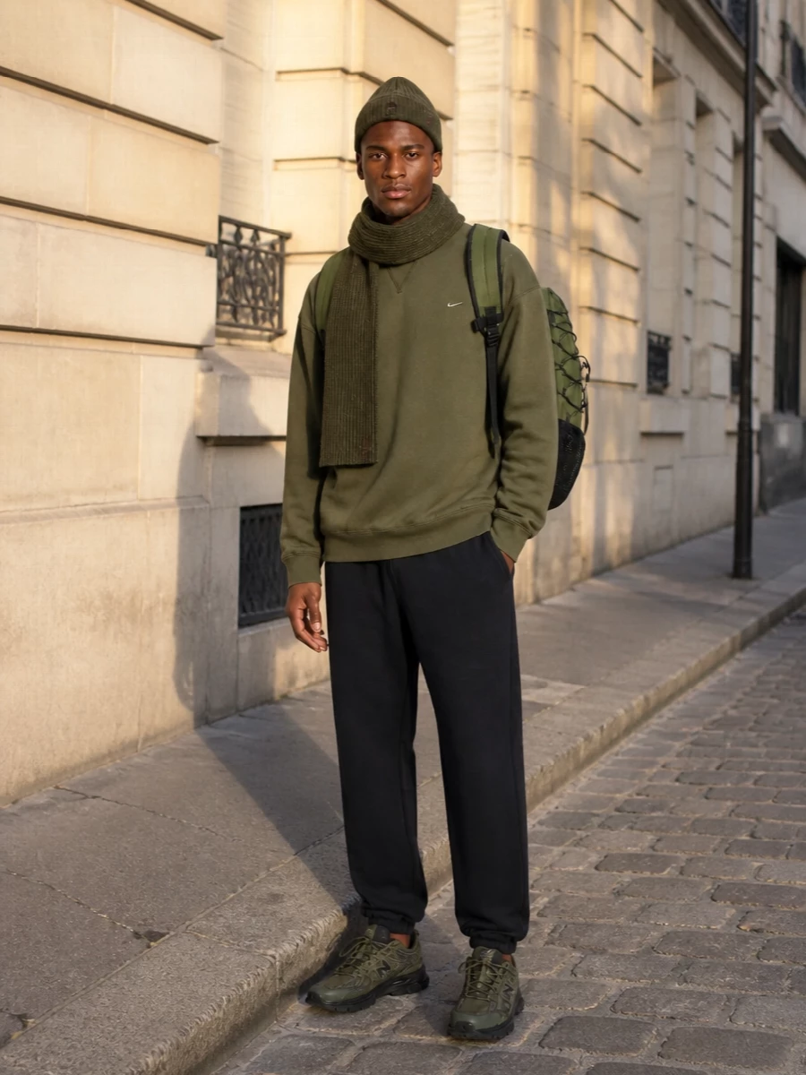 Olive and washed black keep this Nike‑anchored outfit clean, graphic and low-key, with the joggers giving a relaxed but sharpened line under the slouchy crew. Technical runners and an outdoor-ready backpack push it into a sport-utility lane that feels built for real movement, from commute to weekend. The matching knit accessories add just enough texture and warmth to make the palette feel intentional rather than thrown together.
