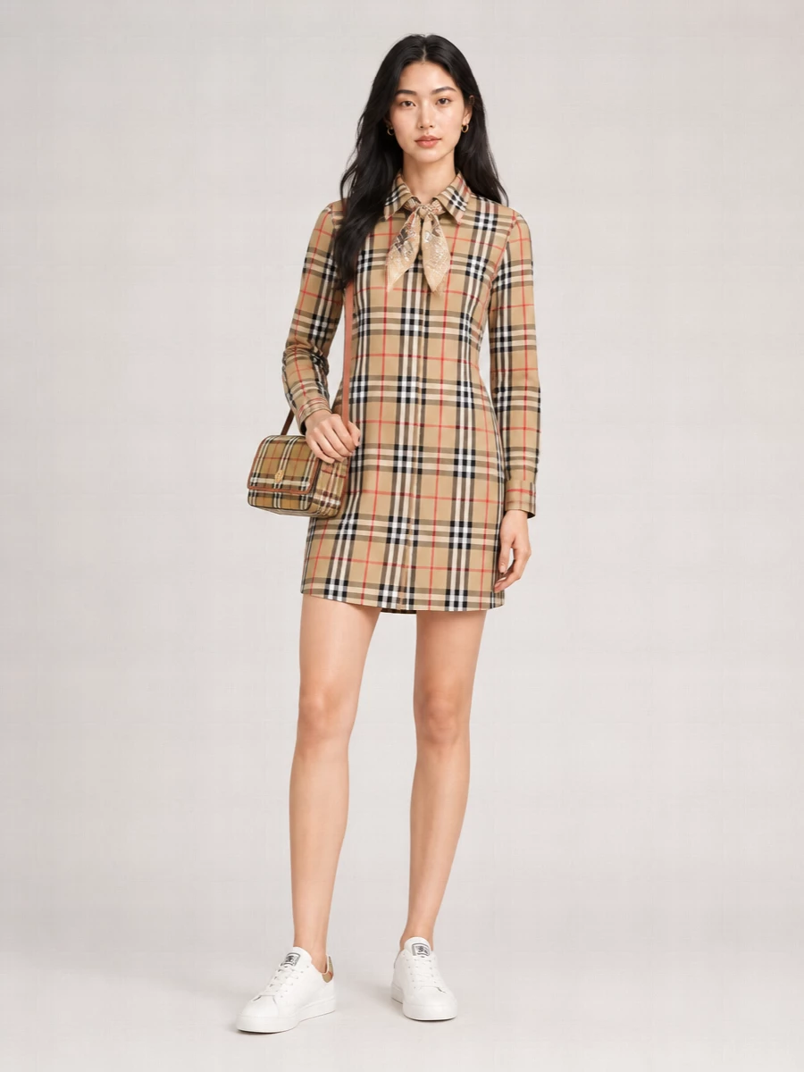 Burberry Checked Long-Sleeve Midi Dress