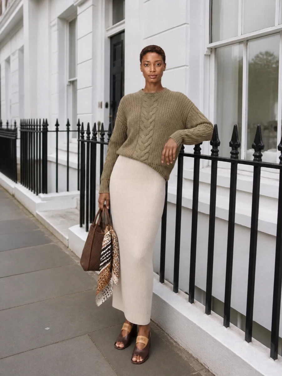A tonal knit column in taupe and soft beige feels calm yet intentional, with the ribbed maxi mirroring the weight of the cable sweater for a long, clean line. Chocolate slingbacks and a structured woven bucket bag add depth and polish, while a geometric silk scarf quietly links all the warm neutrals. It is an easy, quietly refined outfit for city days that can stretch into an understated dinner.