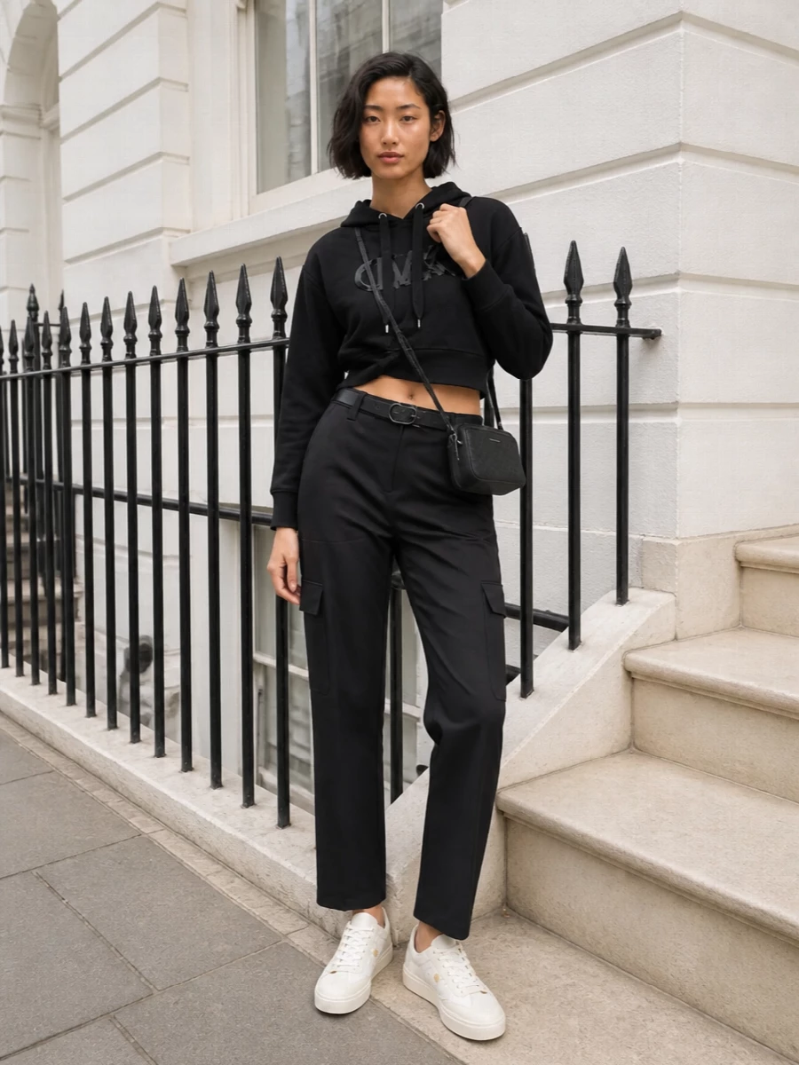 Charcoal cargos and a cropped black hoodie build a sharp, monochrome base with a clean streetwear edge. Off white court sneakers and a compact charcoal cross-body keep it easy, practical and city ready, while a slim black belt adds just enough structure at the waist.