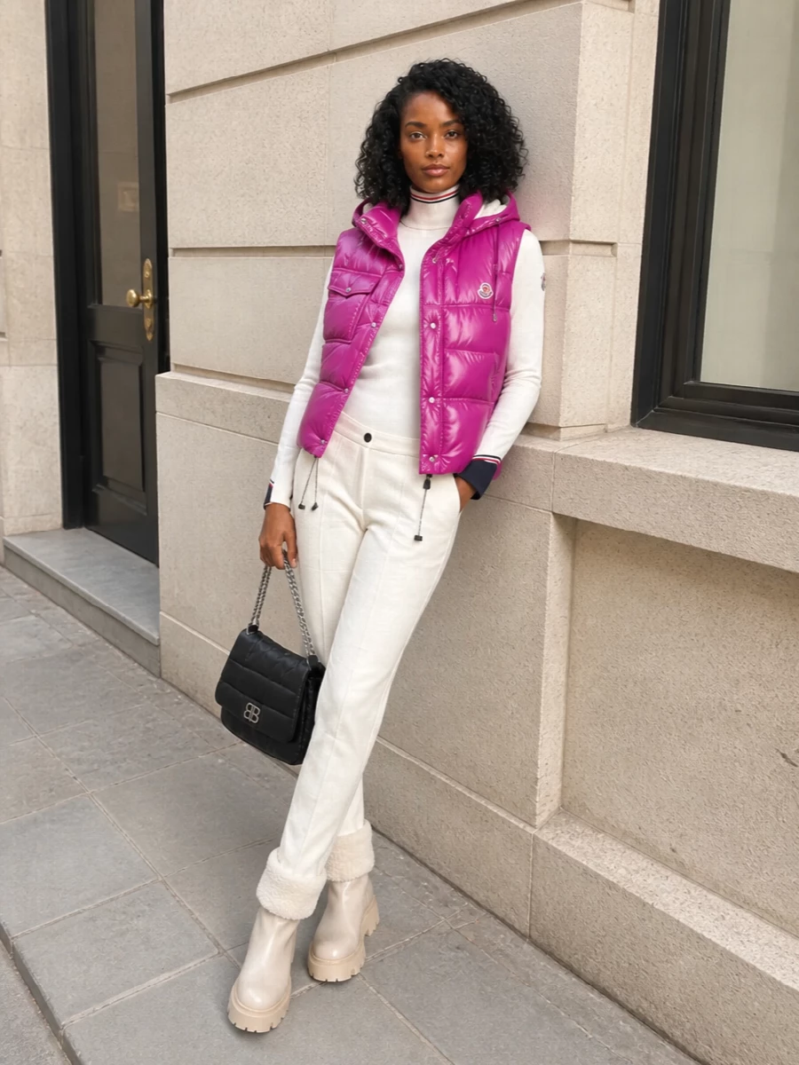 This look builds an alpine-sport chic story around the glossy fuchsia Moncler gilet, keeping everything else sleek and technical. An ivory Moncler Grenoble turtleneck and off-white slim knit pants create a clean winter column, finished with shearling-cuffed ivory boots and a padded black Balenciaga shoulder bag for urban polish. Opting for top and bottom rather than a dress keeps the silhouette balanced and lets the gilet remain the hero performance layer.