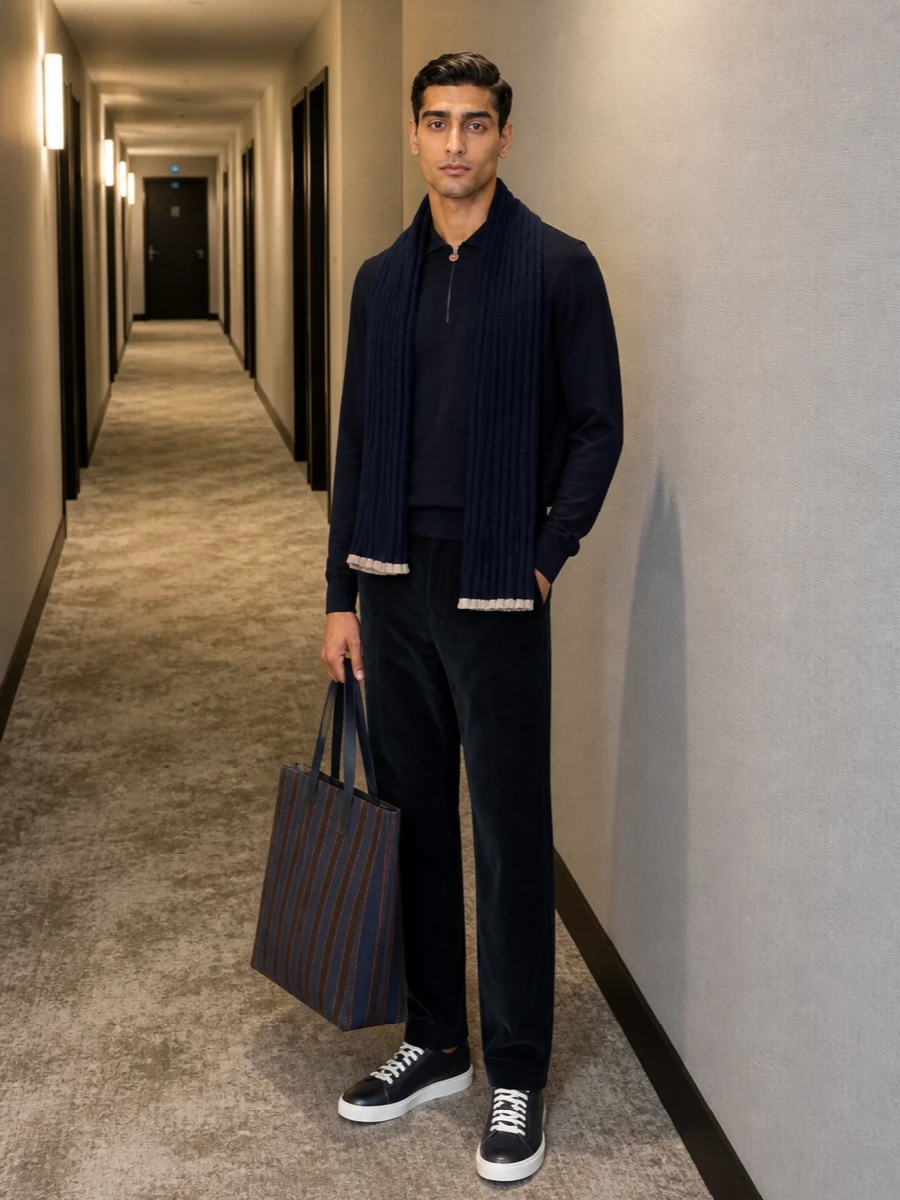 Kiton navy polo prada corduroy trousers outfit