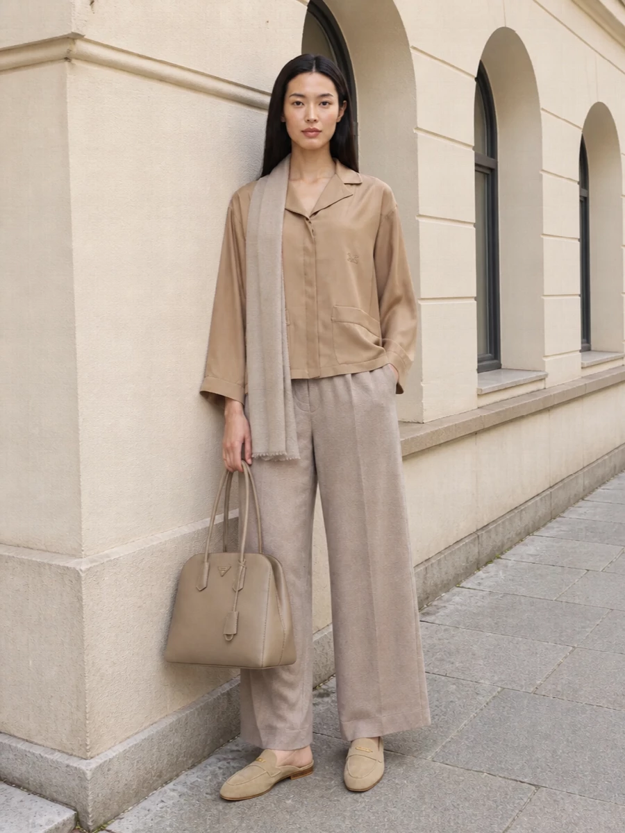 Max mara taupe trousers camel shirt prada tote