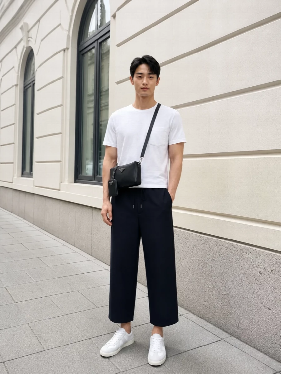 Sacai white tshirt cropped navy trousers outfit