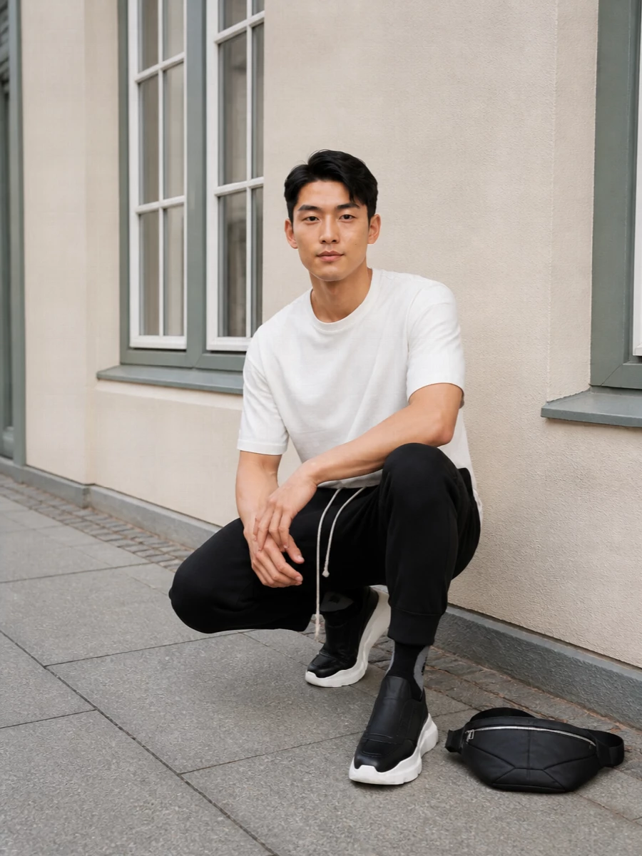 Soft white on top and deep black below keeps this outfit razor clean, letting the cut and proportion do the talking. The cropped drop‑crotch pant and slim, sculptural sneakers create a strong vertical line, while the belt bag sits low on the body to keep everything feeling easy and urban. It is a precise, monochrome Rick uniform that reads relaxed but intentionally put together for warm‑weather days in the city.