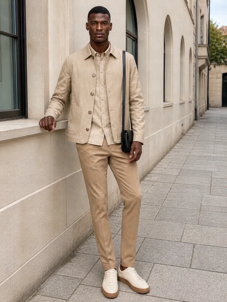 Boss chore jacket beige shirt chinos outfit